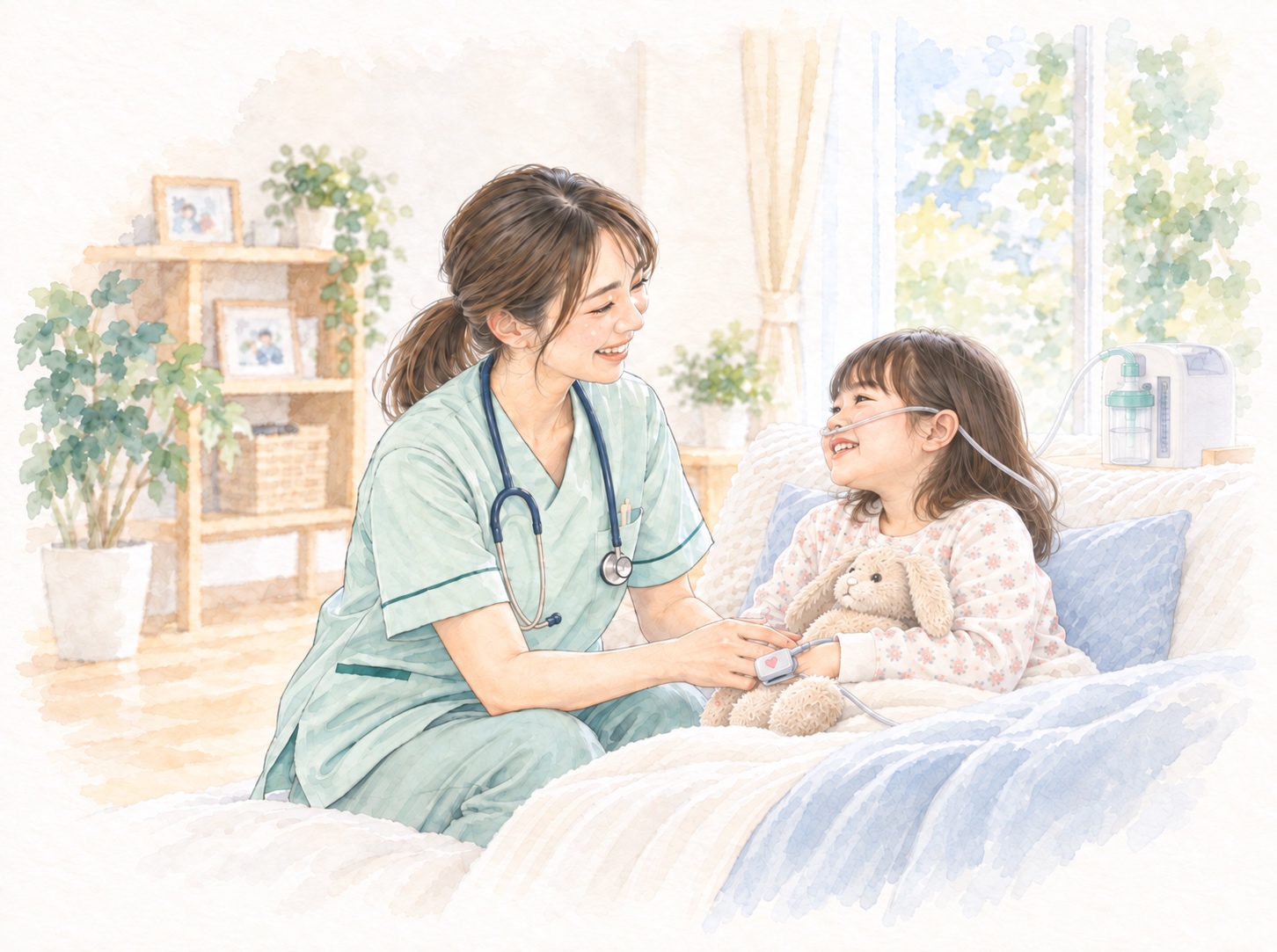 自宅で医療ケアを受ける子どもに寄り添う看護師の水彩イラスト