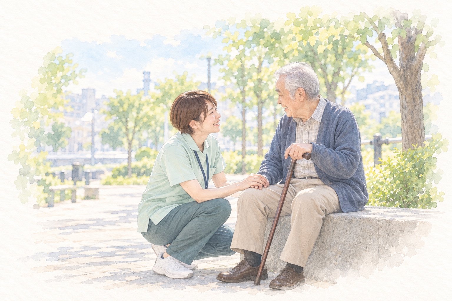 木陰で利用者と目を合わせ、手を添えて語り合う看護師の水彩イラスト