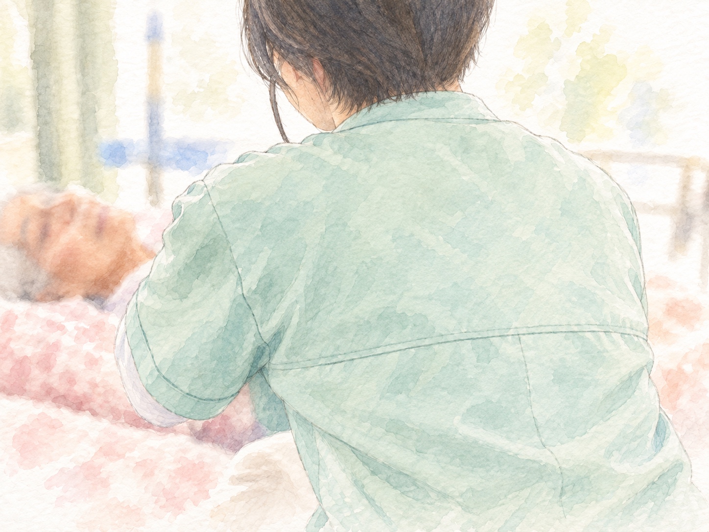 利用者のベッドに寄り添う看護師の手描きイラスト