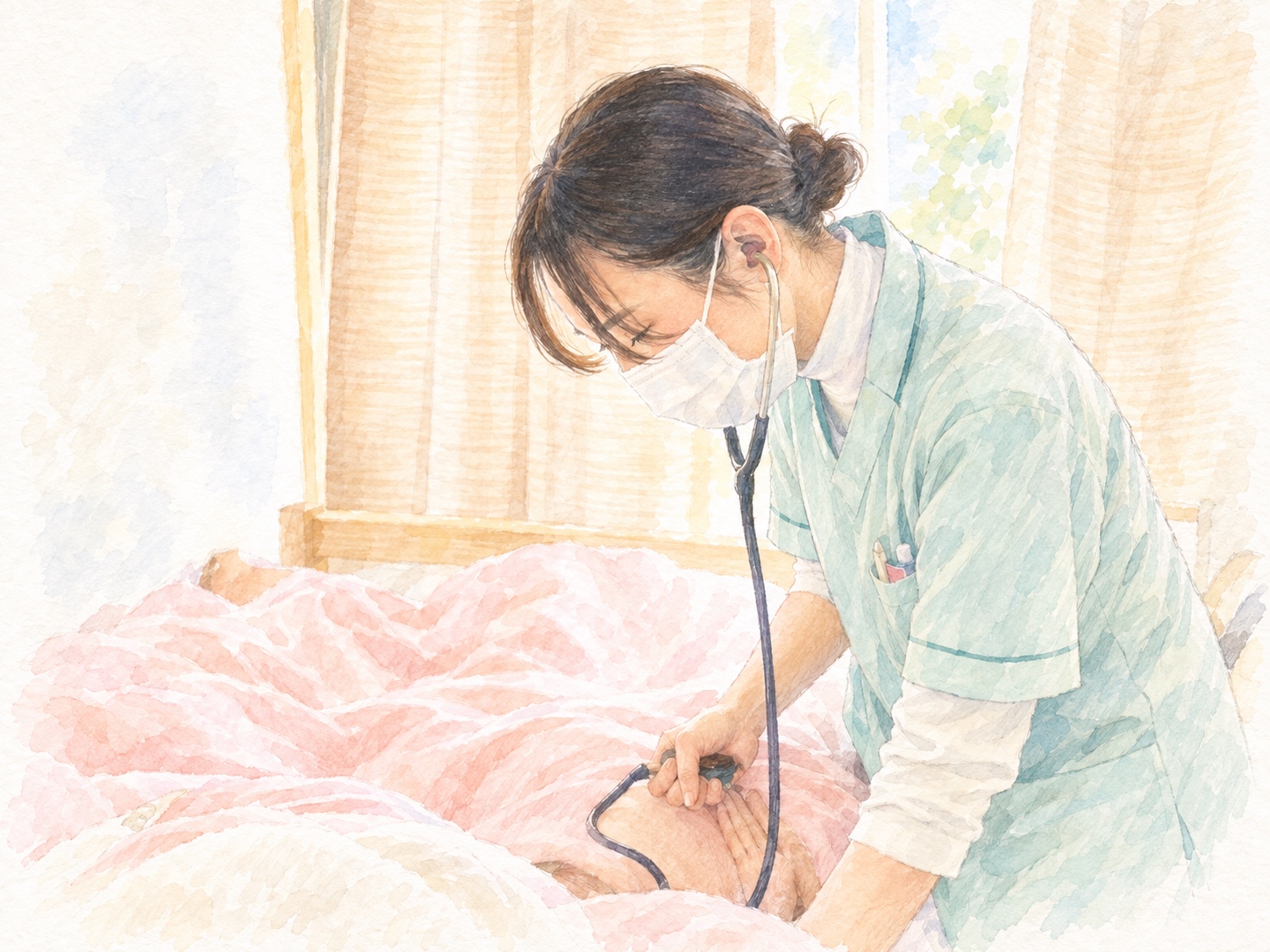 自宅で利用者を聴診する看護師の手描きイラスト