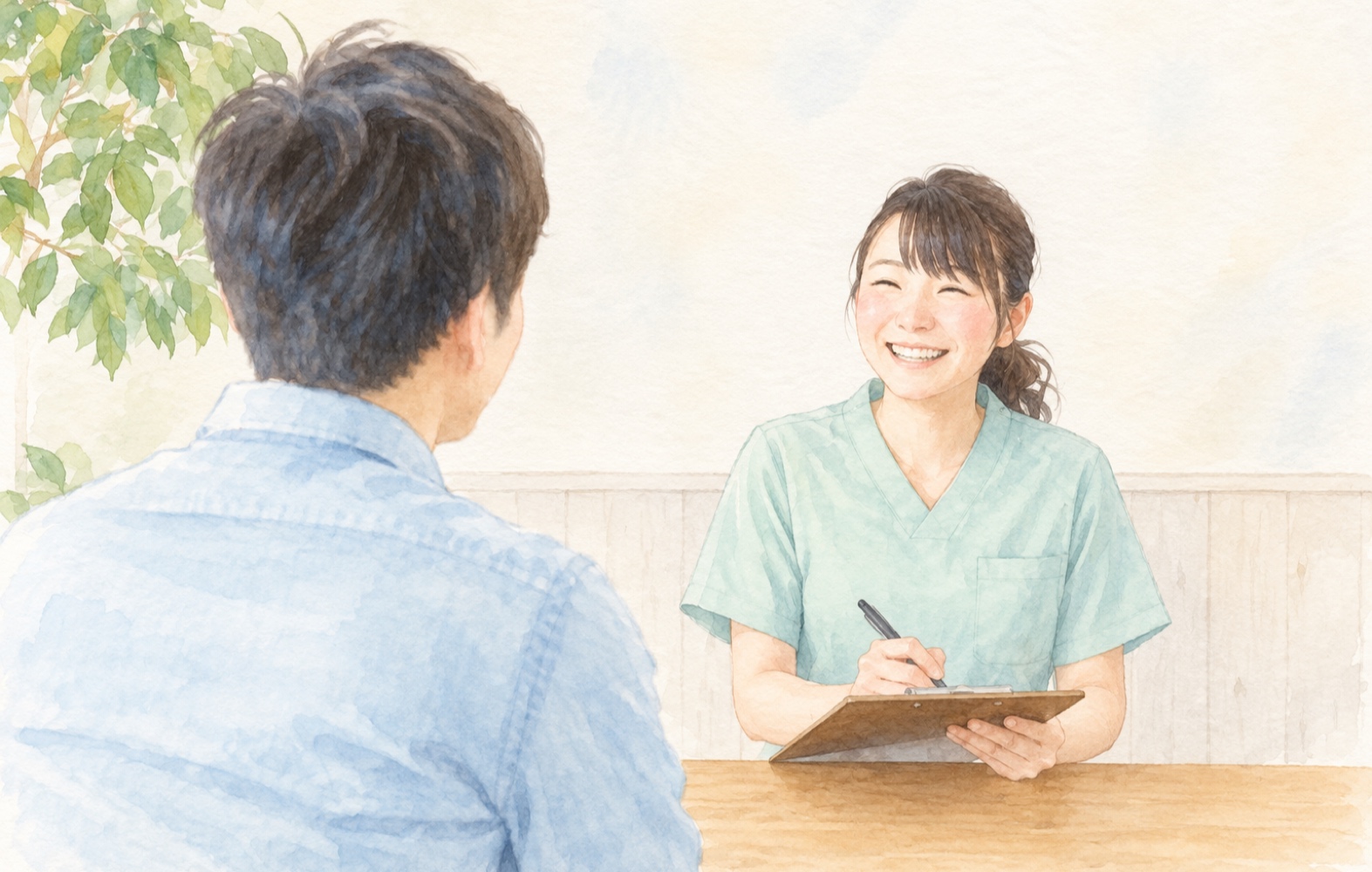 看護師が利用希望者と面談する手描きイラスト