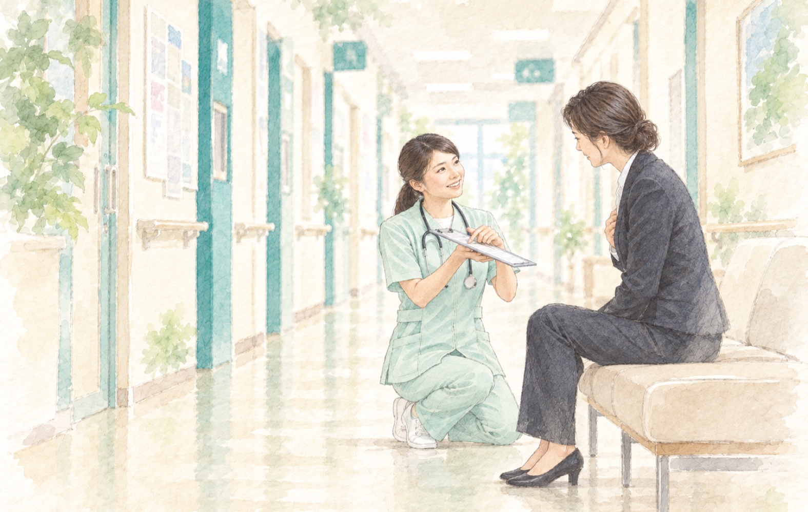 施設の廊下で相談する看護師とご家族の手描きイラスト