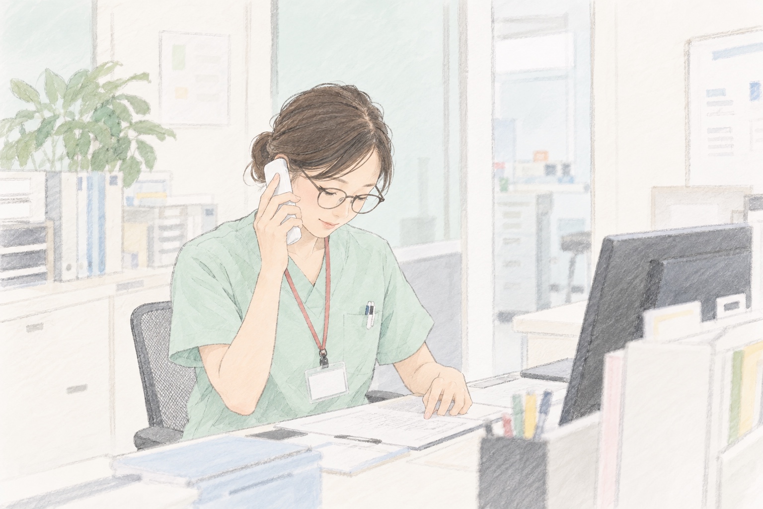 事業所で電話対応をする看護師の手描きイラスト